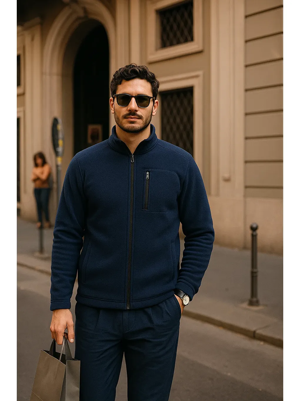 Erkek Kışlık Cepli Basic Fermuarlı Lacivert Polar Ceket-1