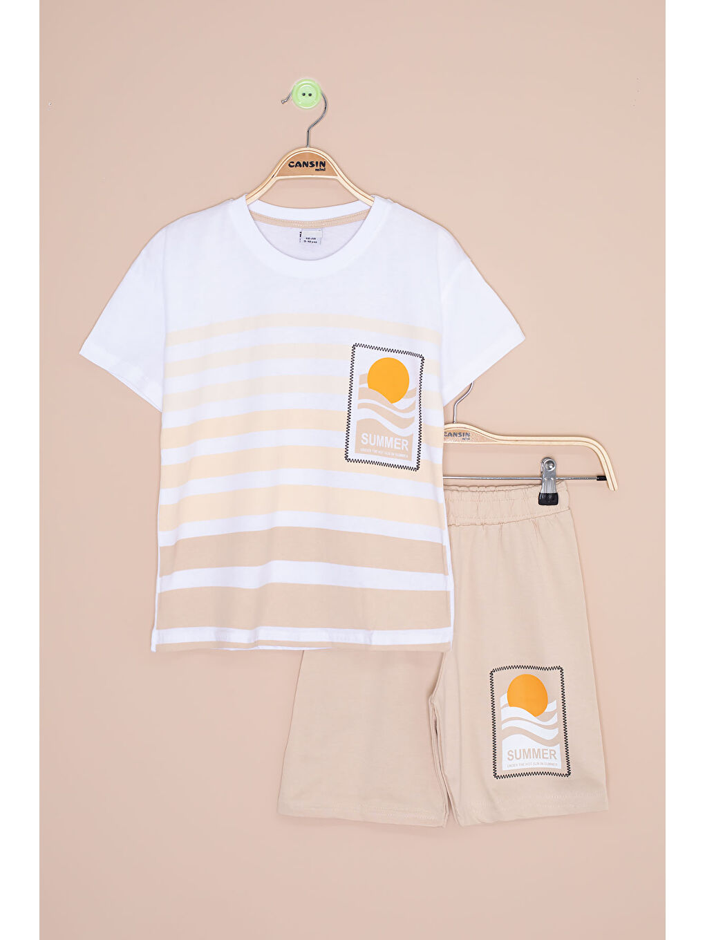 Ekru Krem Çizgi Desenli Summer Baskı Erkek Çocuk Şortlu Takım 20648