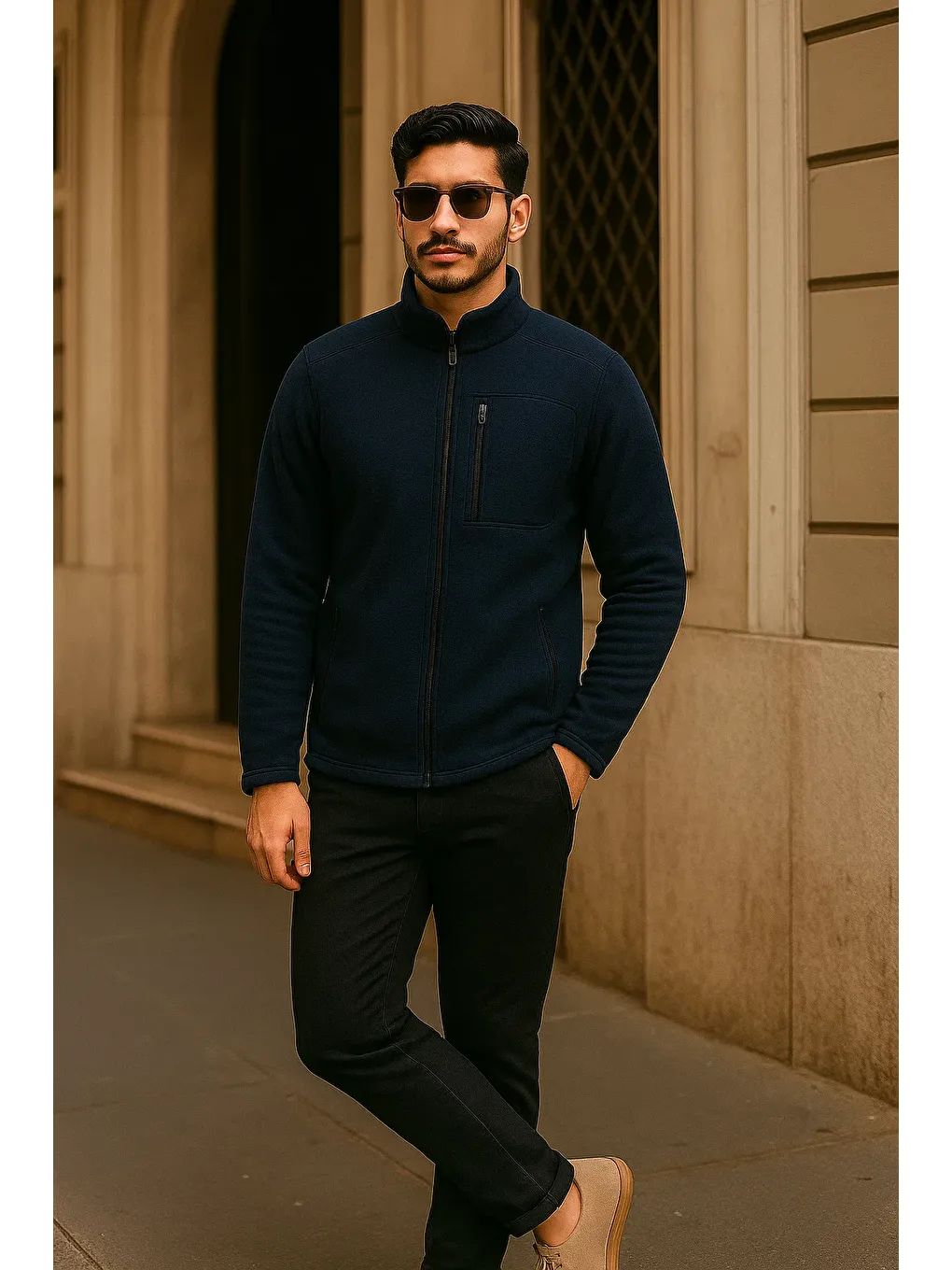 Erkek Kışlık Cepli Basic Fermuarlı Lacivert Polar Ceket-2