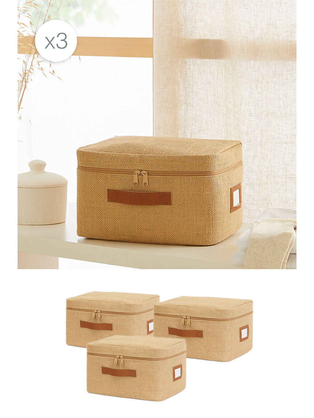 Bej 3'lü Küçük Boy Jüt Hurç Set 30 x 22 x 18 cm