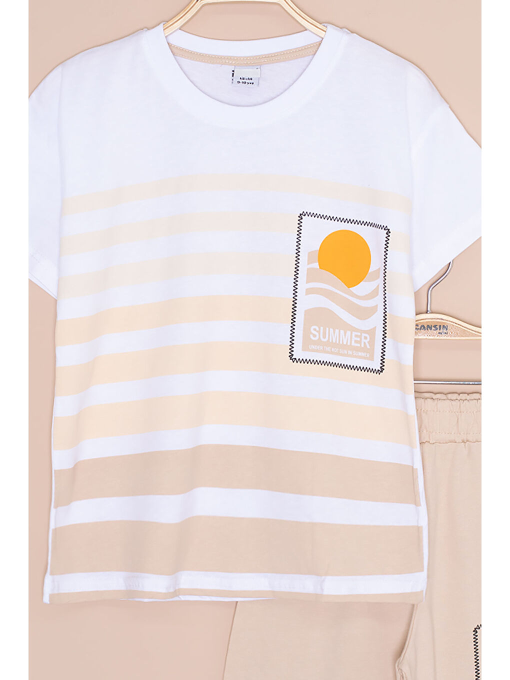 Ekru Krem Çizgi Desenli Summer Baskı Erkek Çocuk Şortlu Takım 20648-1