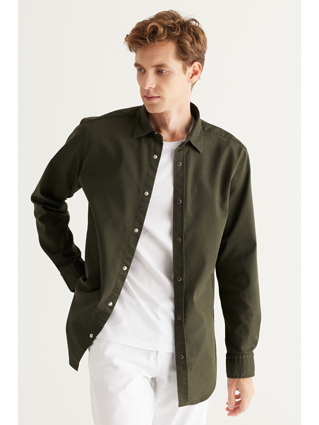 Erkek Haki Comfort Fit Rahat Kesim Pamuklu Diyagonal Desenli Gömlek-4