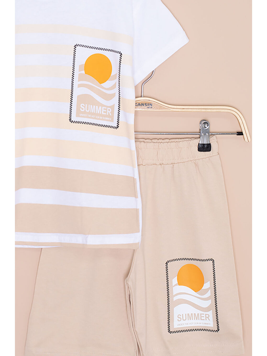 Ekru Krem Çizgi Desenli Summer Baskı Erkek Çocuk Şortlu Takım 20648-2