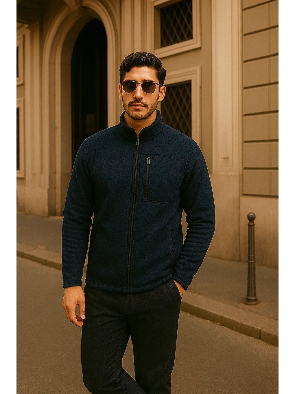 Erkek Kışlık Cepli Basic Fermuarlı Lacivert Polar Ceket-3