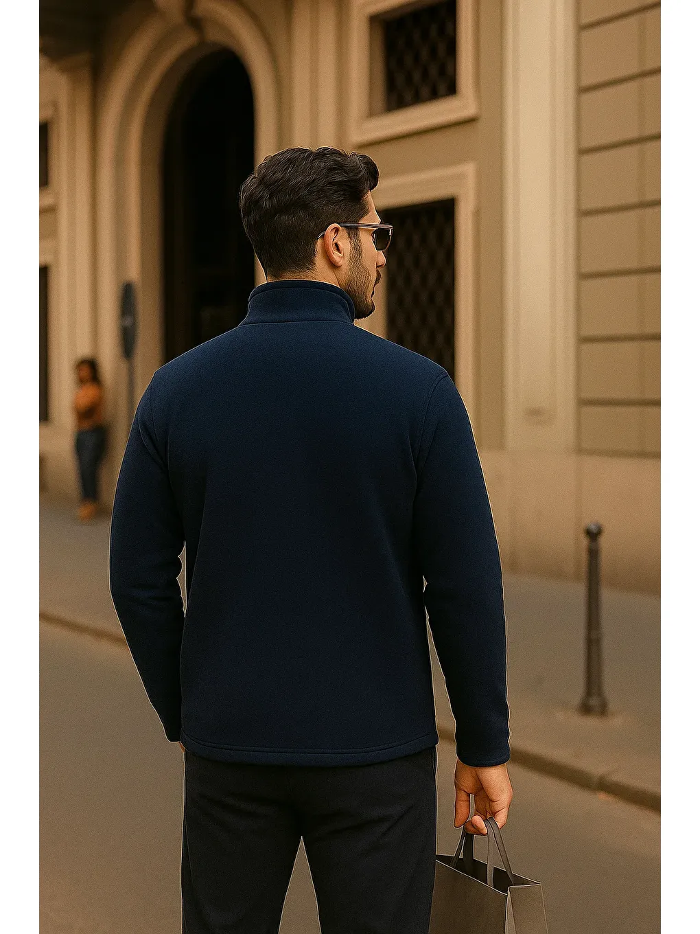 Erkek Kışlık Cepli Basic Fermuarlı Lacivert Polar Ceket-5