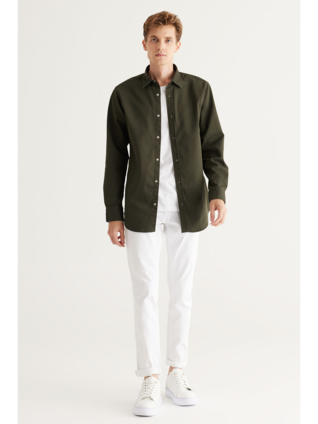 Erkek Haki Comfort Fit Rahat Kesim Pamuklu Diyagonal Desenli Gömlek-5