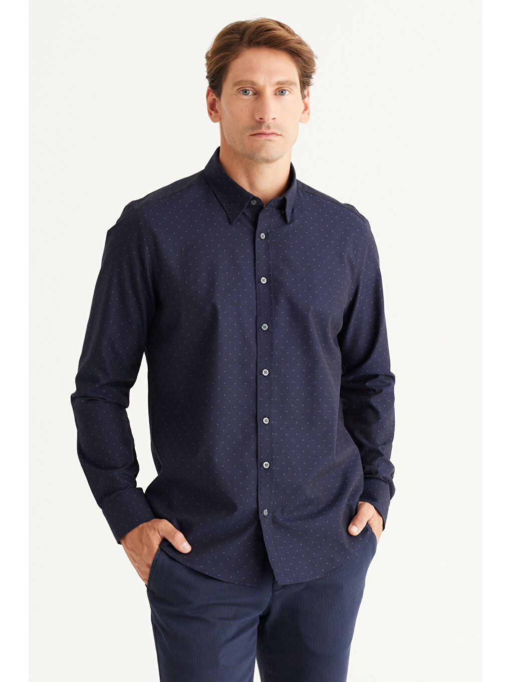 Erkek Lacivert Slim Fit Dar Kesim Gizli Düğme Yaka %100 Pamuk Gömlek-2