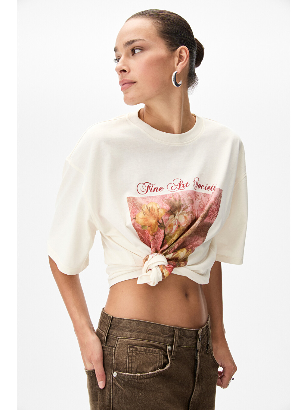 Olende Kadın Relaxed Fit Baskılı Yuvarlak Yakalı Ekru T-shirt-3