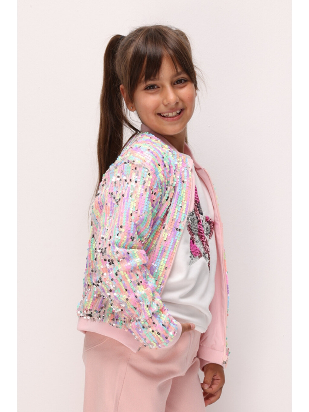 Pembe Pudra Pullu Fermuarlı Kız Çocuk Bomber Ceket - Luna-1