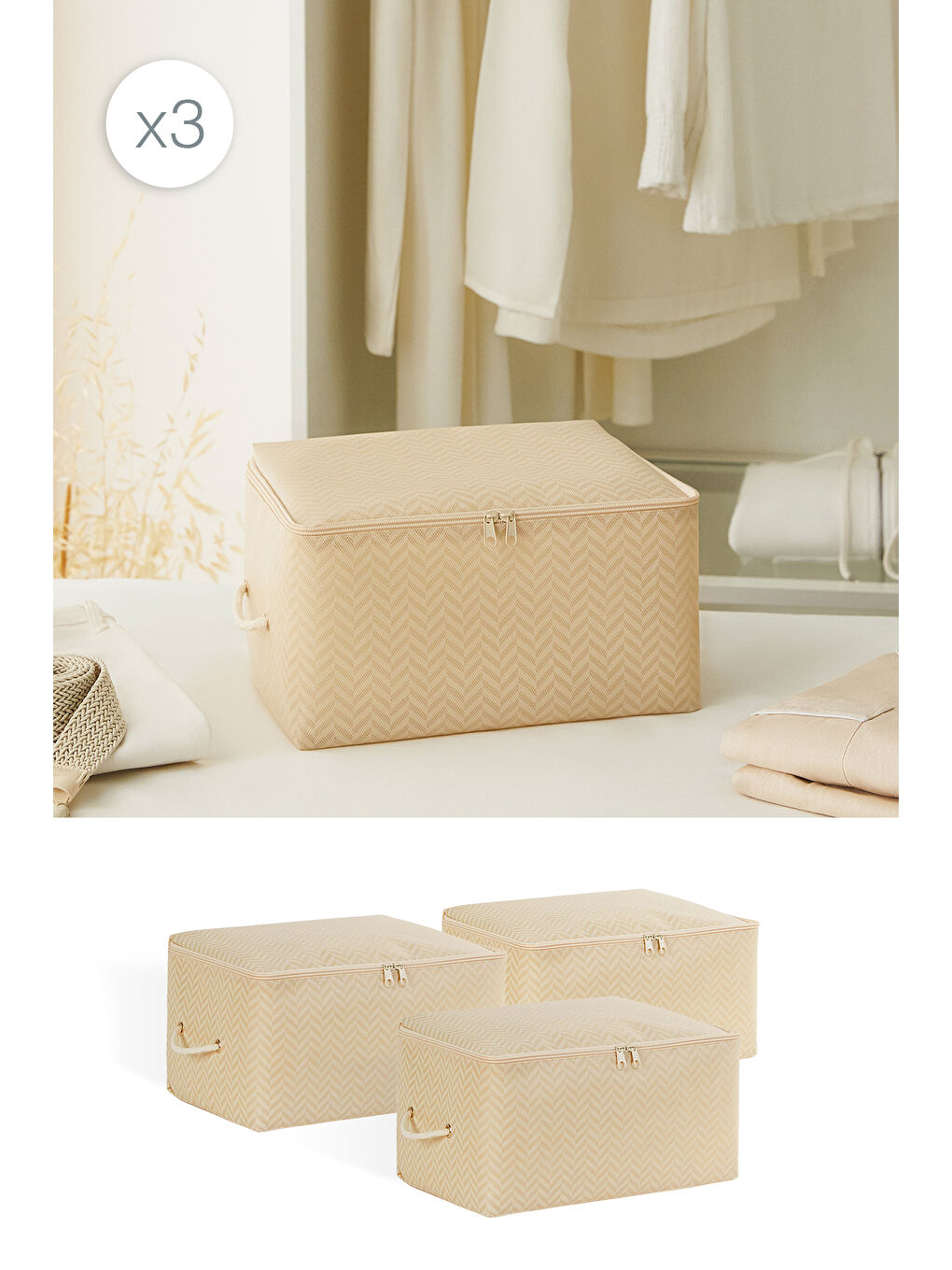 3'lü Küçük Boy Bej Balıksırtı Hurç Set 30 x 22 x 18 cm