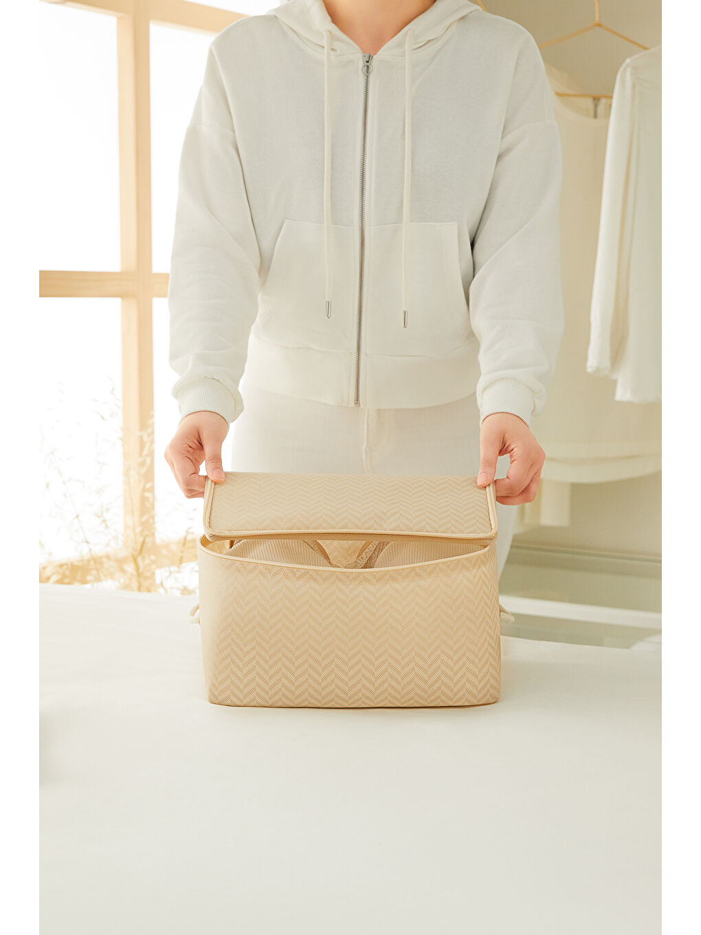 3'lü Küçük Boy Bej Balıksırtı Hurç Set 30 x 22 x 18 cm-2