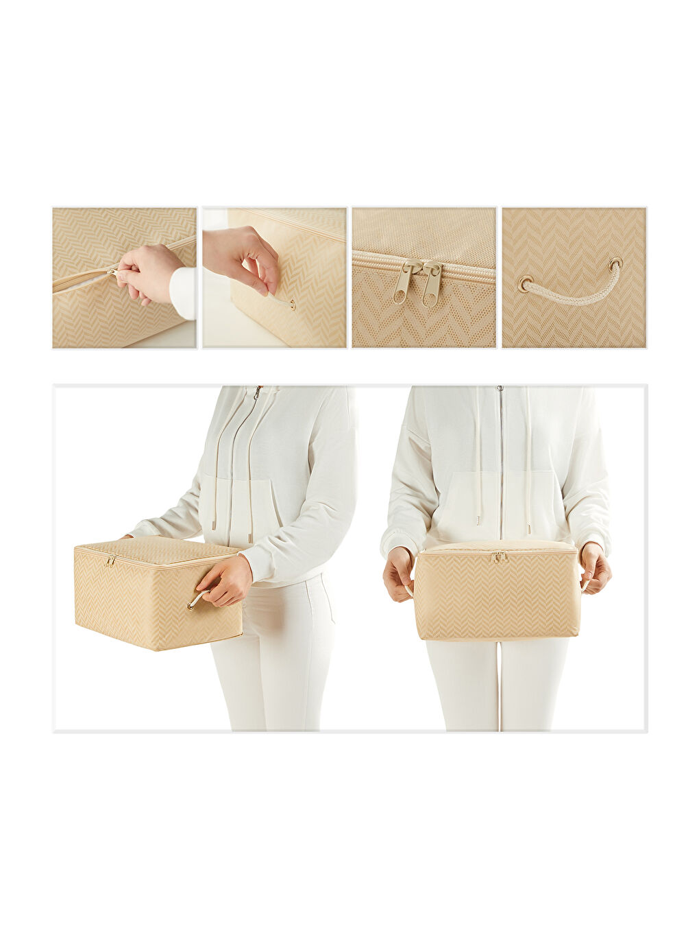 3'lü Küçük Boy Bej Balıksırtı Hurç Set 30 x 22 x 18 cm-4