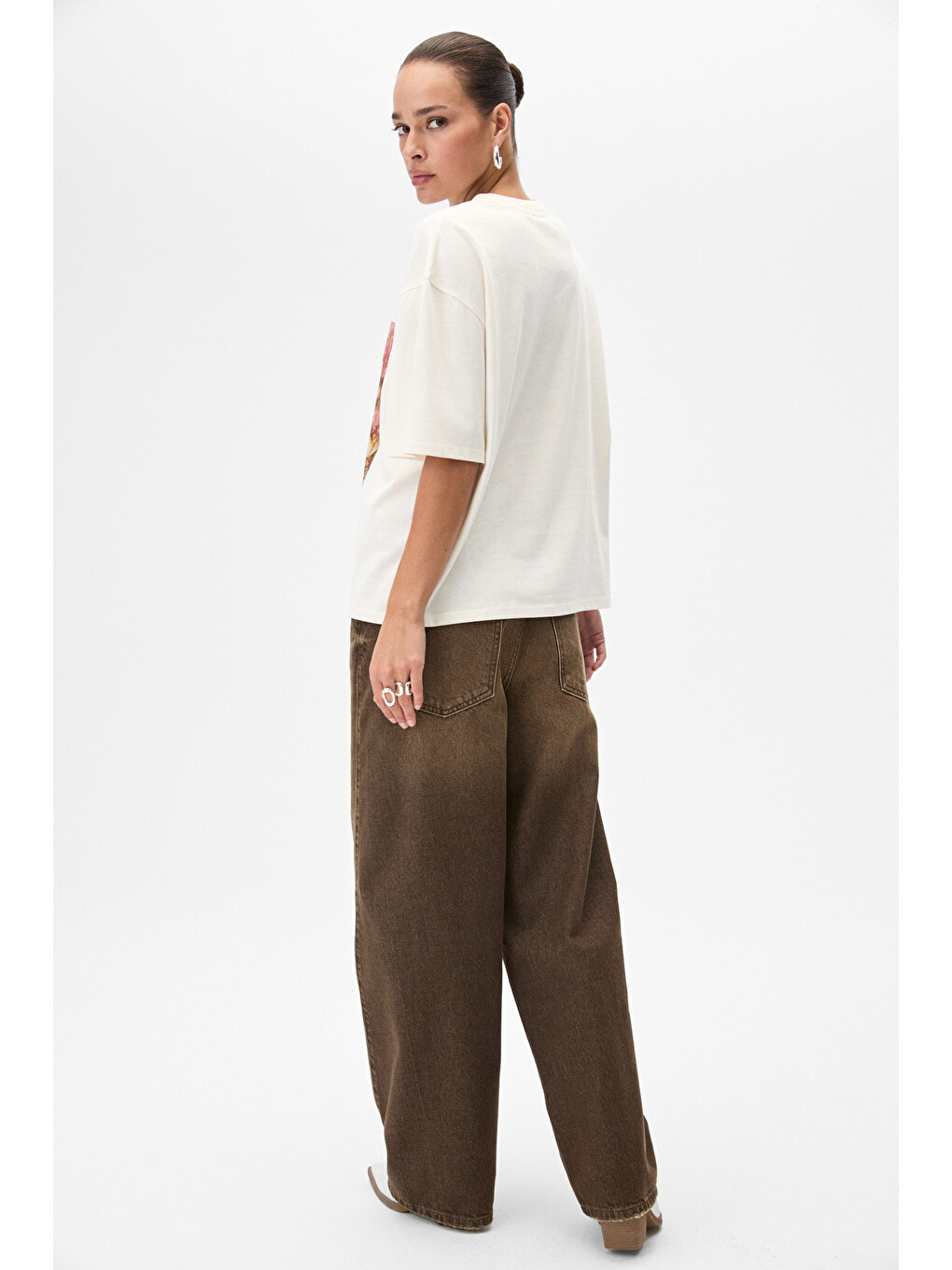 Olende Kadın Relaxed Fit Baskılı Yuvarlak Yakalı Ekru T-shirt-5