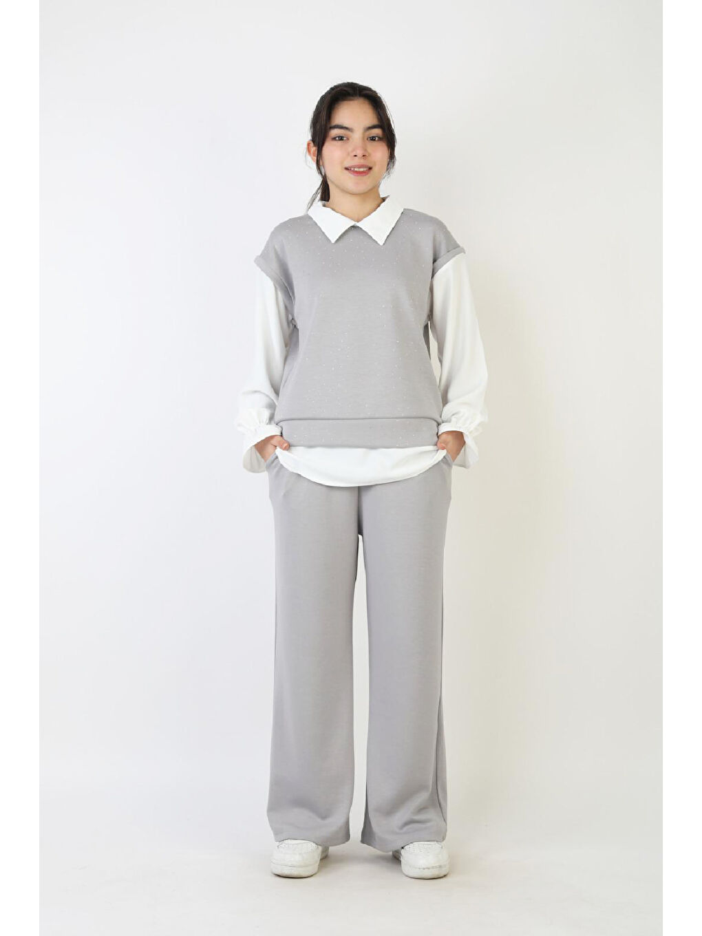 Gri Kız Çocuk 3'lü Takım - Double Face Kumaş-Taş Süslemeli ve Geniş Paçalı 12509