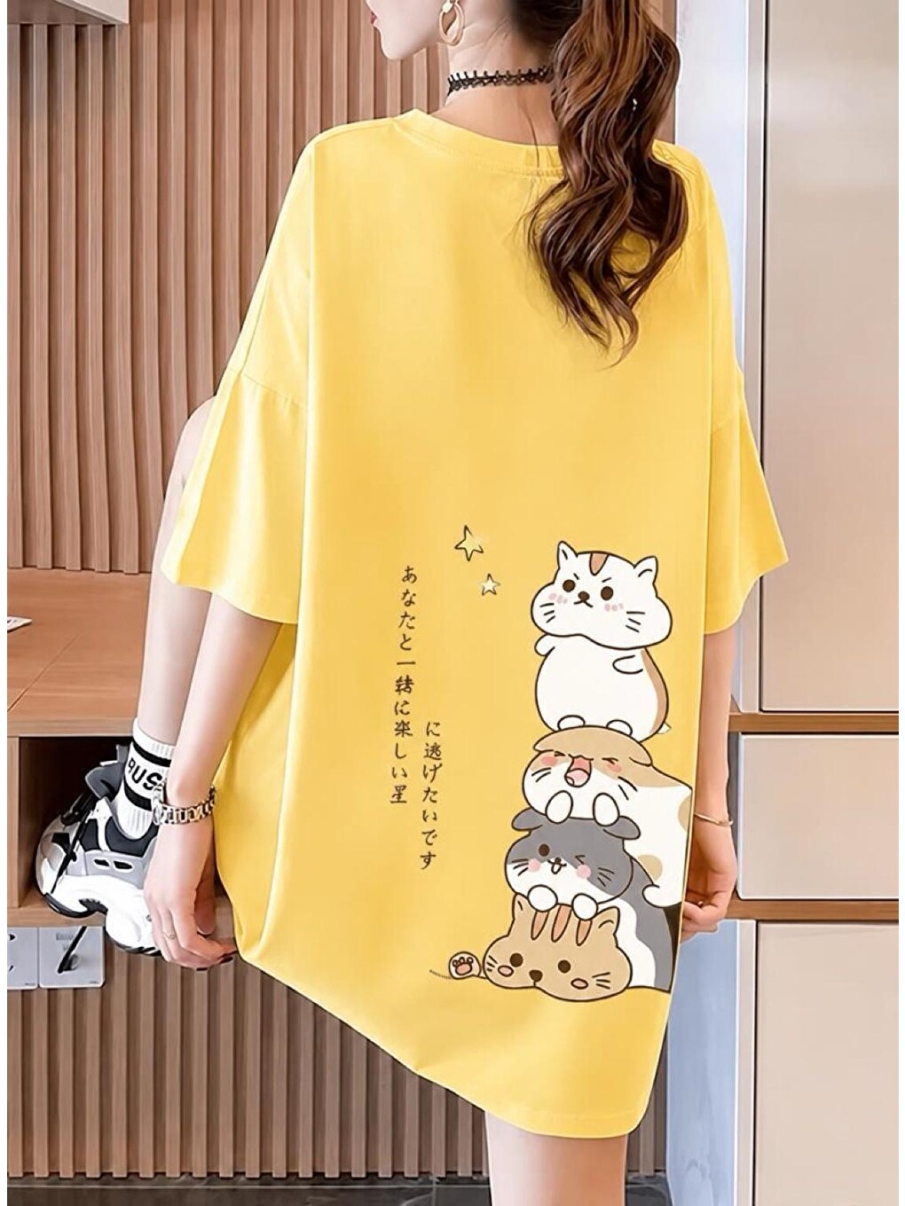Harajuku Japon Yazılı Kedi Tasarımlı Unisex Oversize T-shirt