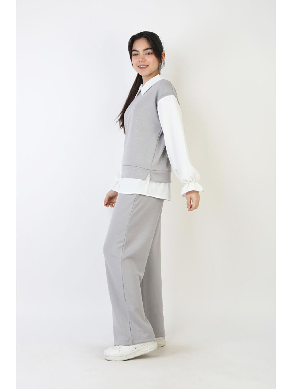 Gri Kız Çocuk 3'lü Takım - Double Face Kumaş-Taş Süslemeli ve Geniş Paçalı 12509-1