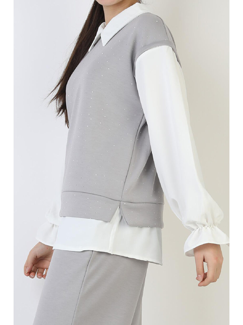 Gri Kız Çocuk 3'lü Takım - Double Face Kumaş-Taş Süslemeli ve Geniş Paçalı 12509-3