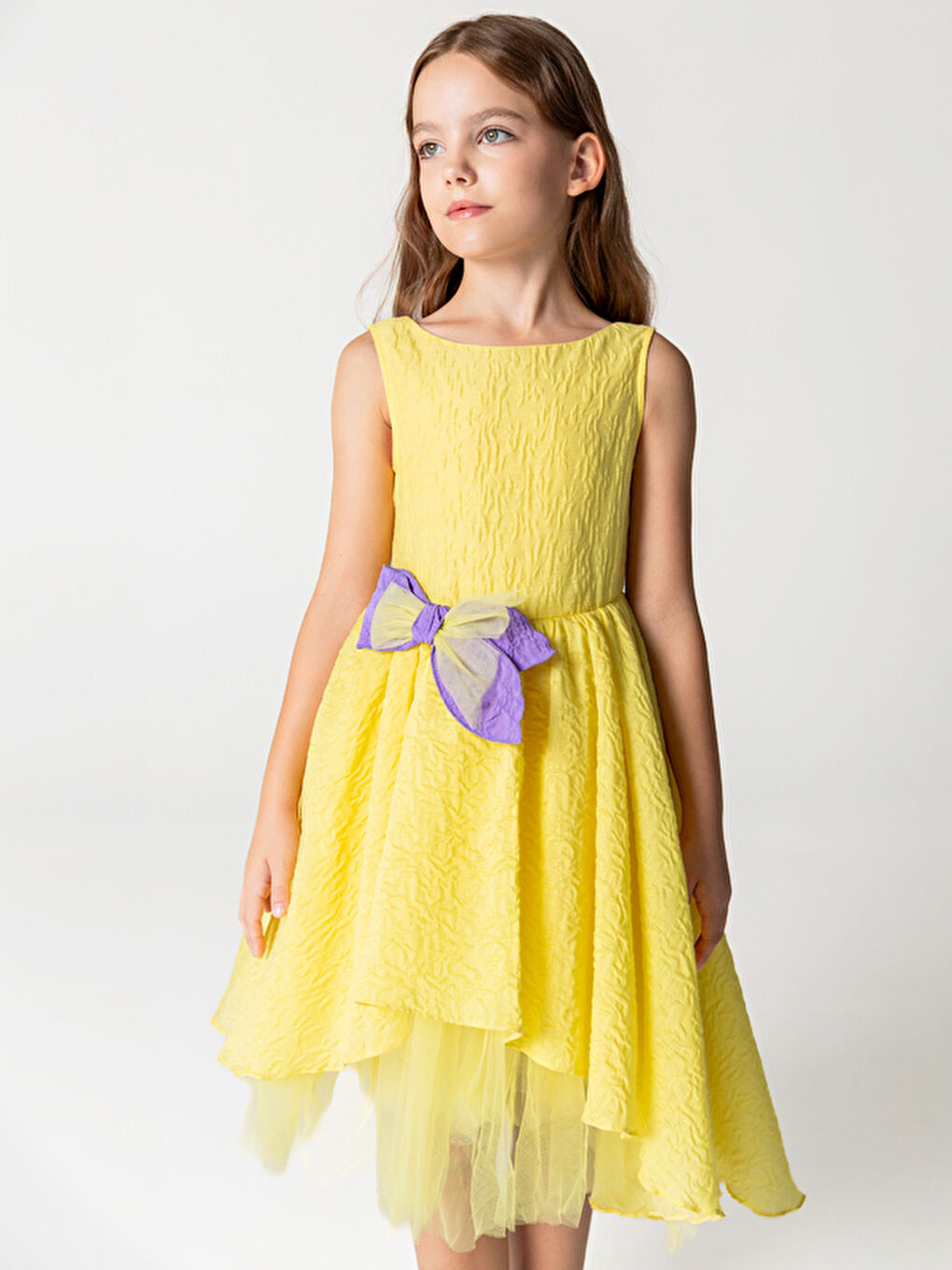 Sarı Kolsuz Fiyonk Detaylı Asimetrik Kız Çocuk Elbise