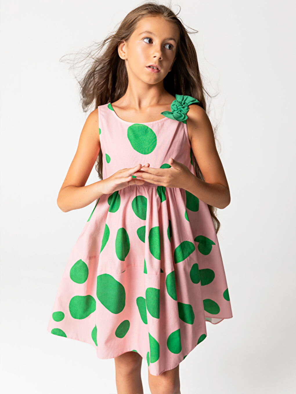 Pembe Benekli Kolsuz Pamuklu Kız Çocuk Elbise