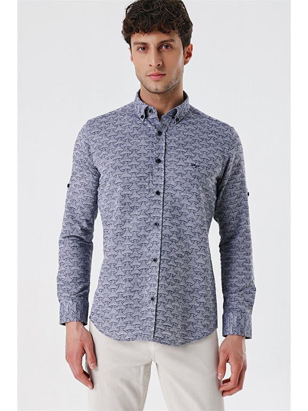 Koyu Lacivert Kısalabilir Kollu Desenli  %100 Pamuk Casual Slim Fit Gömlek 1004230181