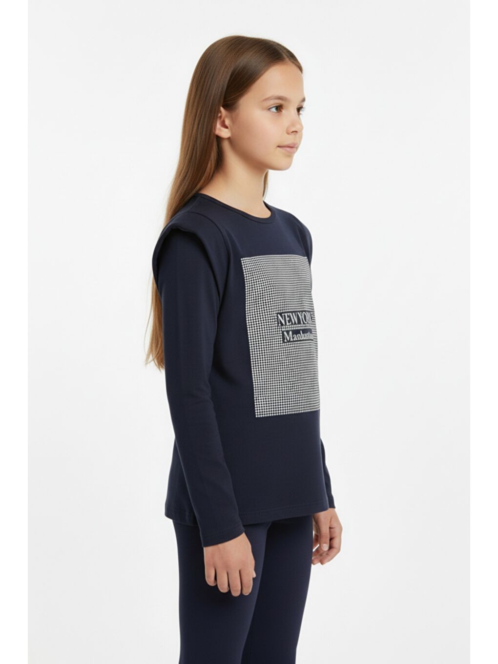 Lacivert Kız Çocuk Baskılı Tişört-1