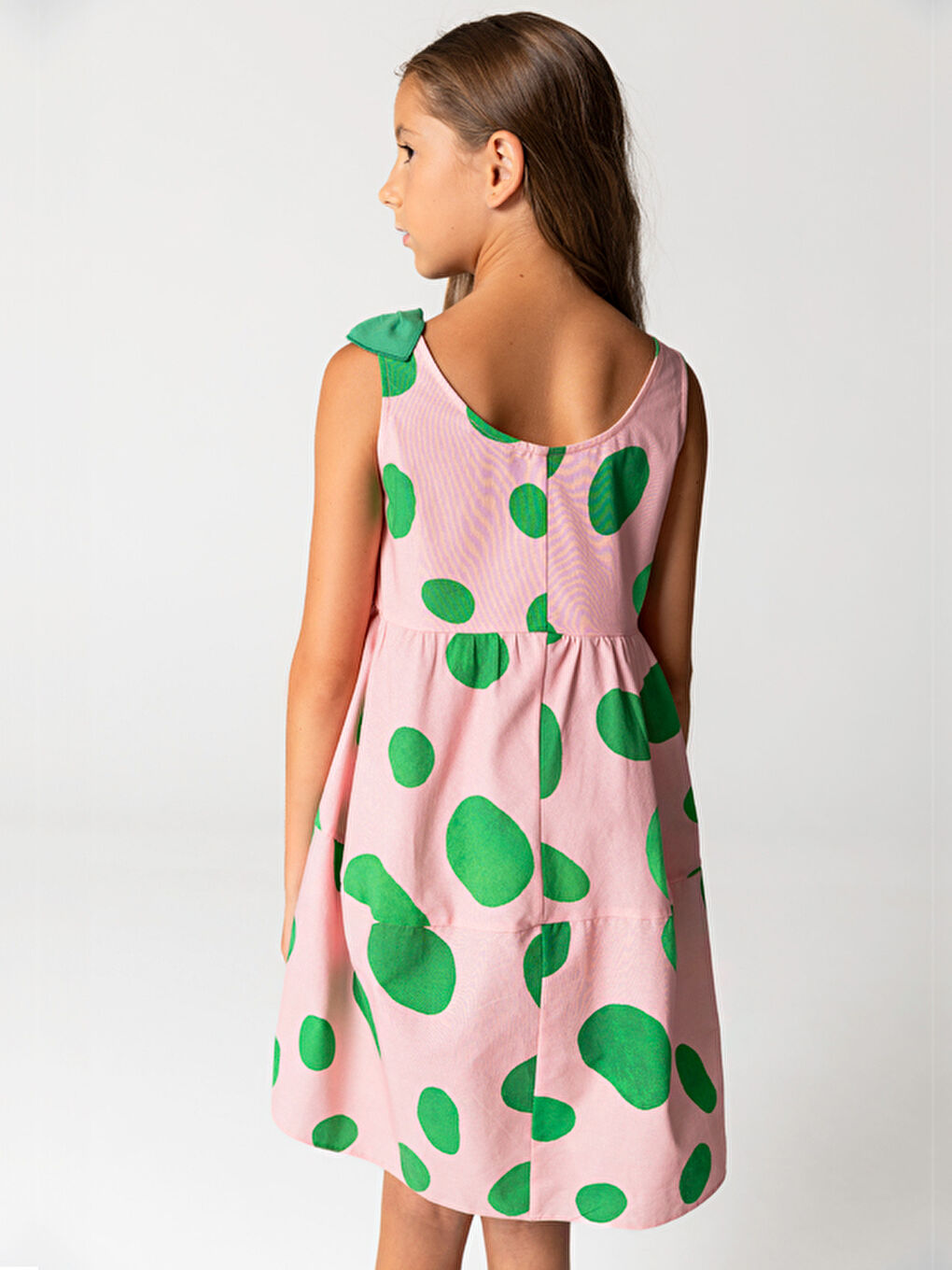 Pembe Benekli Kolsuz Pamuklu Kız Çocuk Elbise-1