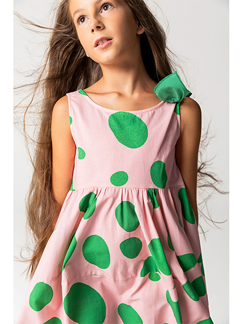 Pembe Benekli Kolsuz Pamuklu Kız Çocuk Elbise-2