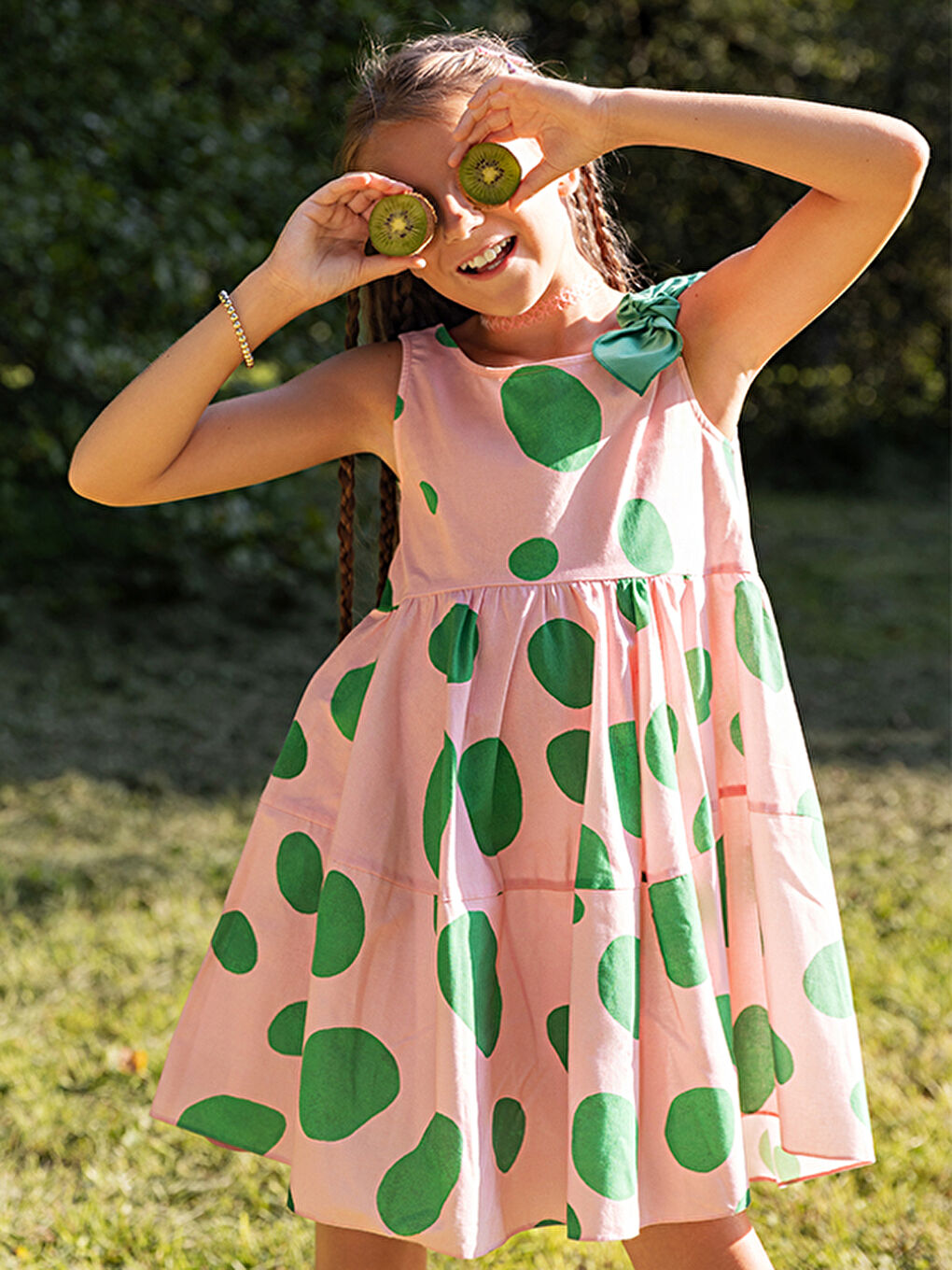 Pembe Benekli Kolsuz Pamuklu Kız Çocuk Elbise-3