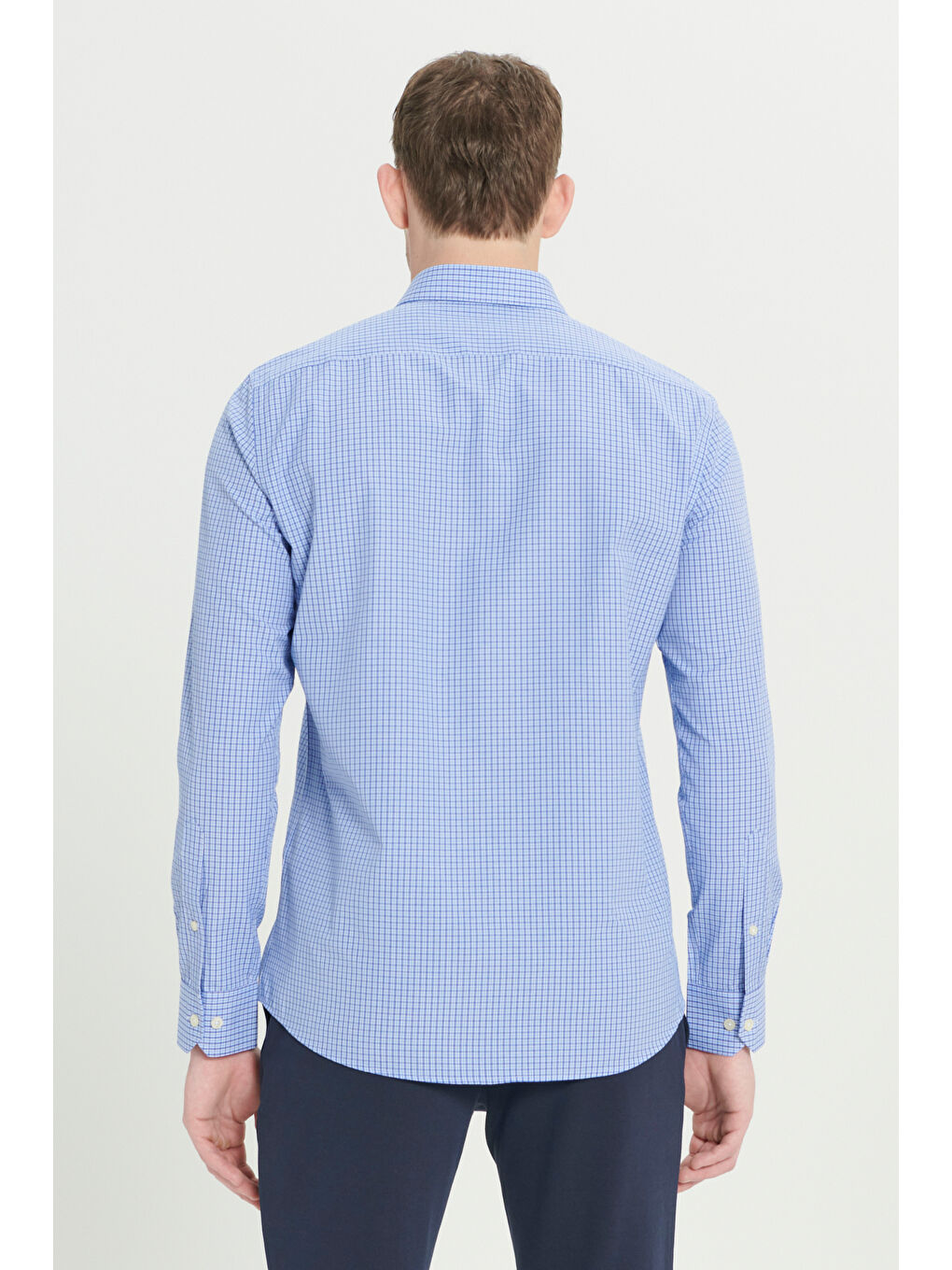 Erkek Mavi Slim Fit Dar Kesim Düğmeli Yaka Pamuklu Kareli Gömlek-4