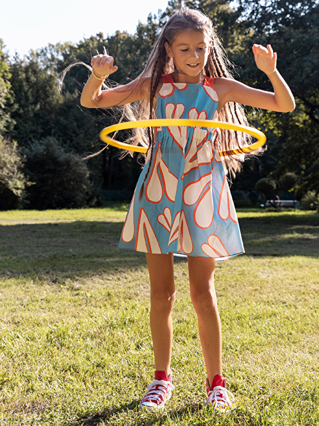 Kalp Desenli Askılı Mavi Kız Çocuk Elbise-3