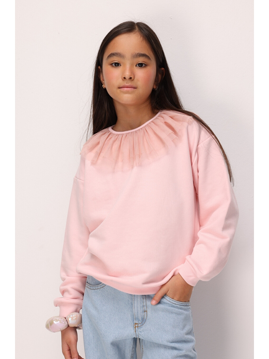 Pembe Tül Yaka Detaylı Kız Çocuk Sweatshirt - Zora-1