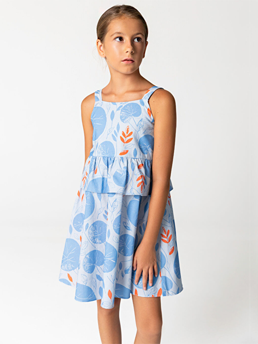 Mavi Yaprak Desenli Pamuklu Askılı Kız Çocuk Elbise