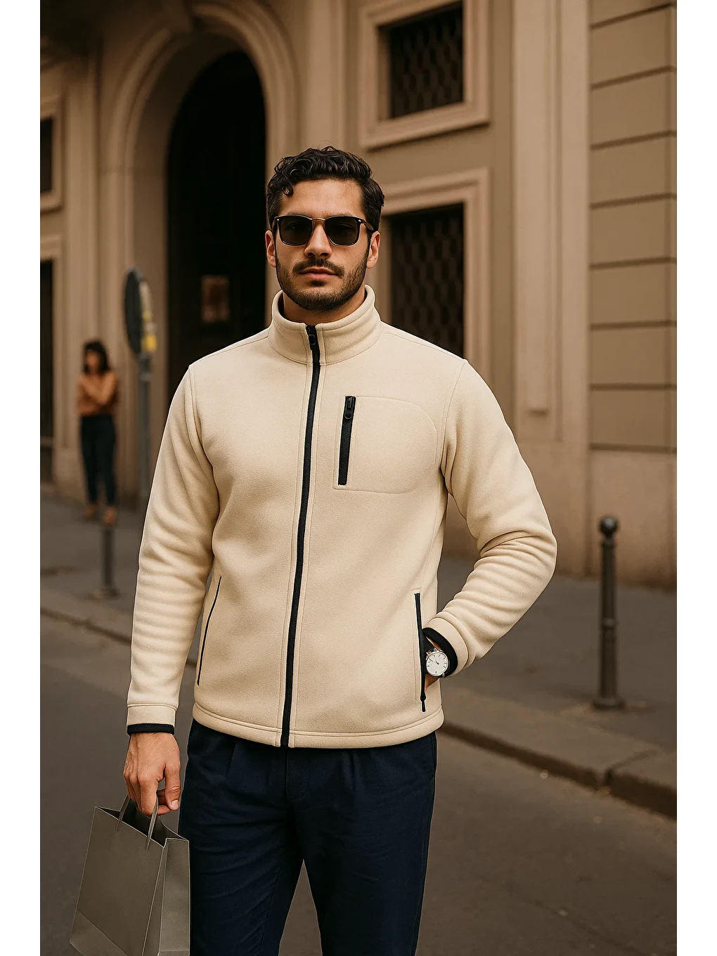 Ekru Erkek Kışlık Cepli Basic Fermuarlı Krem Polar Ceket