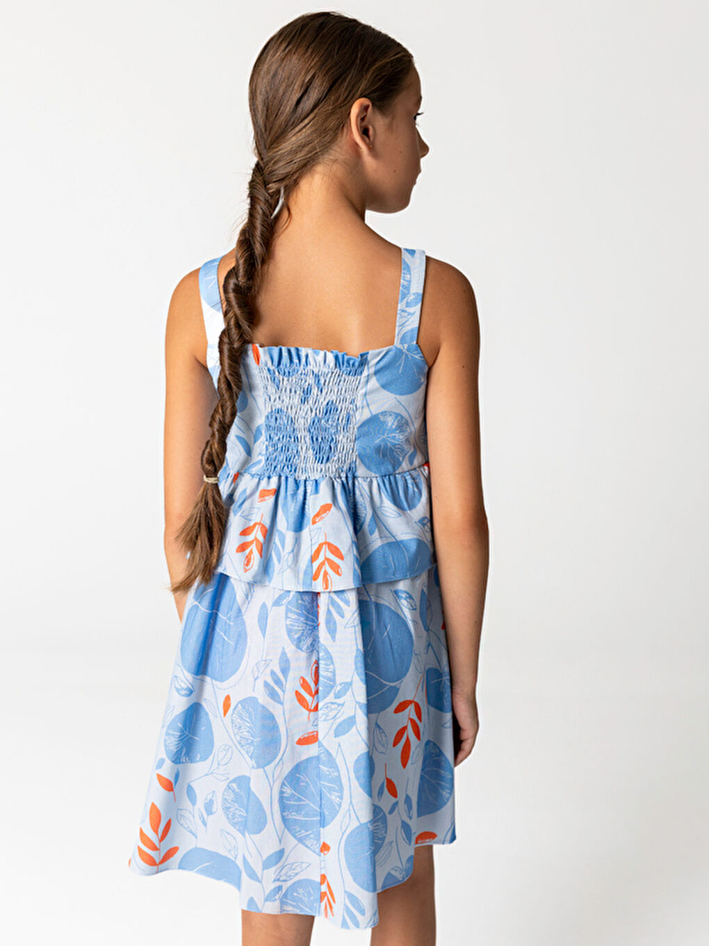 Mavi Yaprak Desenli Pamuklu Askılı Kız Çocuk Elbise-1