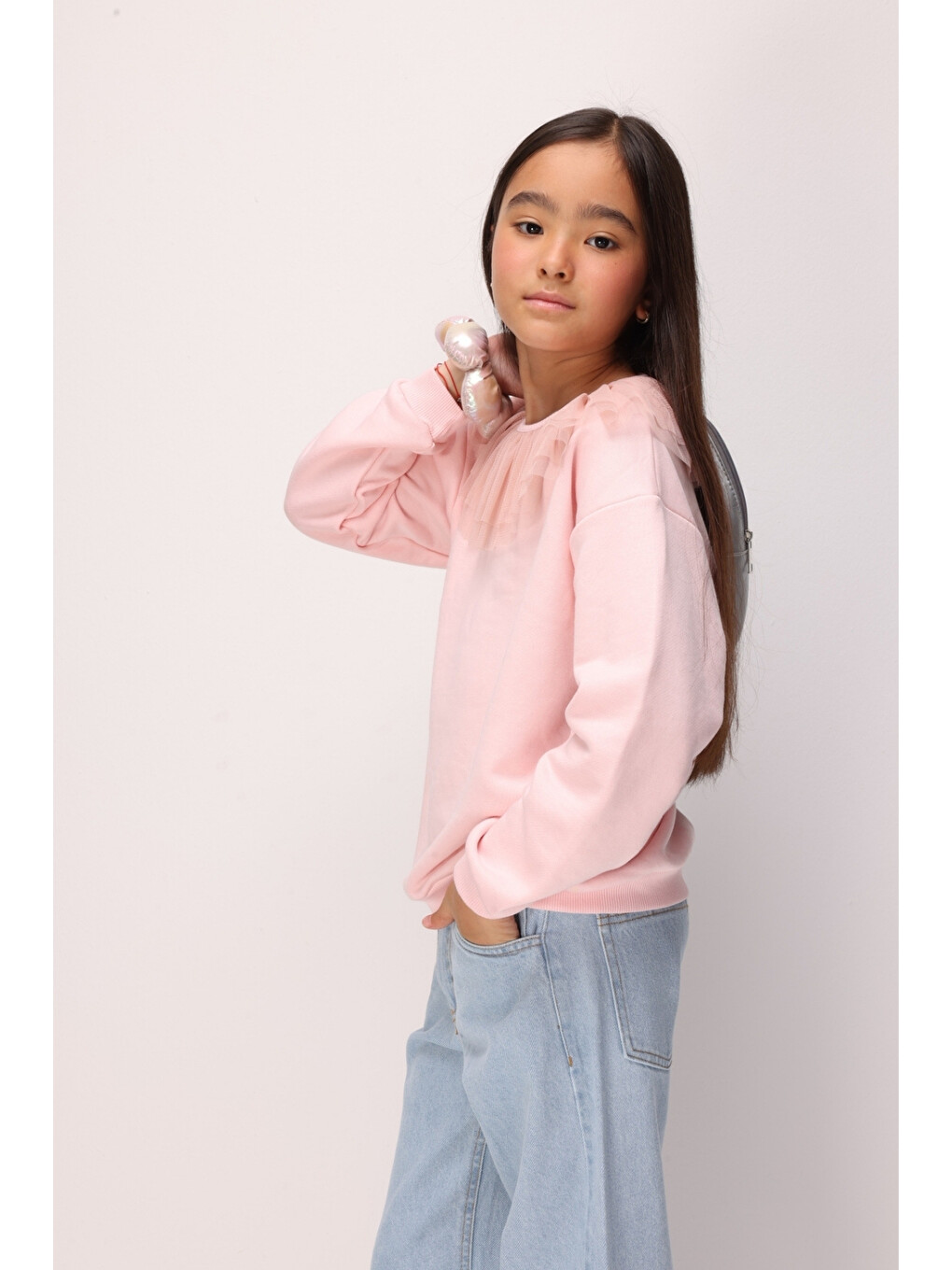 Pembe Tül Yaka Detaylı Kız Çocuk Sweatshirt - Zora-2