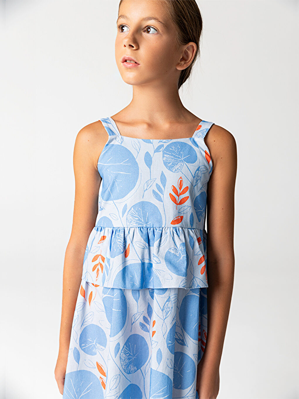 Mavi Yaprak Desenli Pamuklu Askılı Kız Çocuk Elbise-2