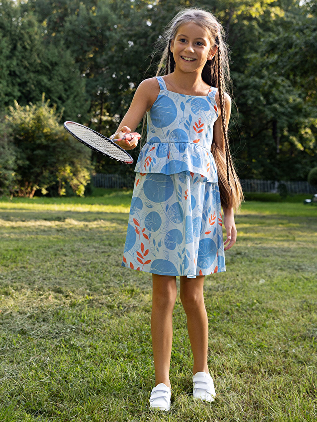 Mavi Yaprak Desenli Pamuklu Askılı Kız Çocuk Elbise-3