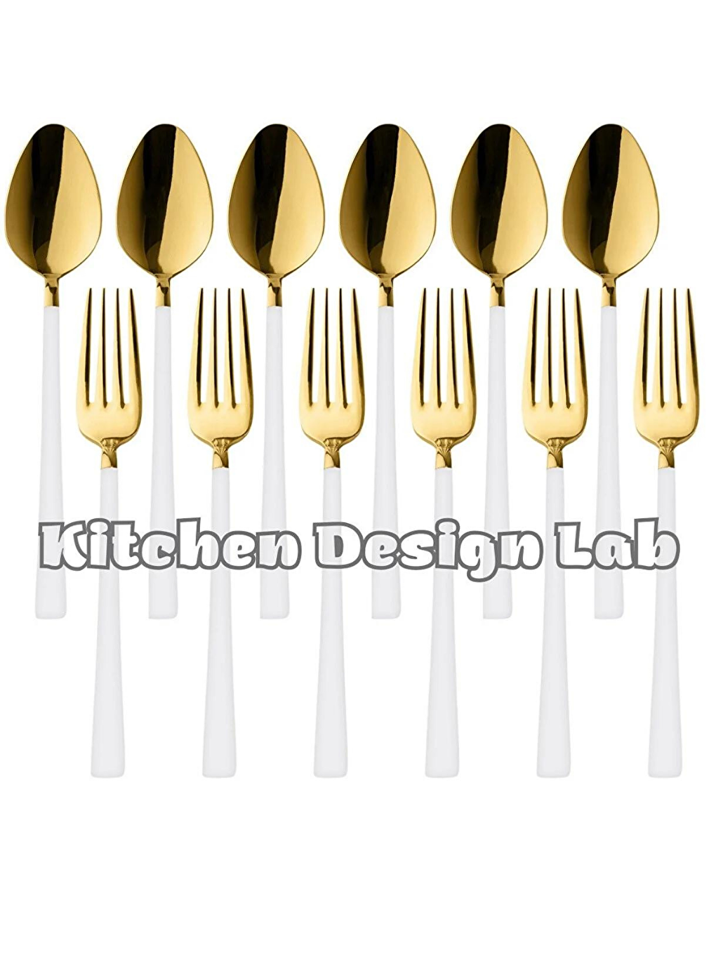 Kitchen Design Lab Beyaz 12 Adet Parlak Gold Beyaz Tatlı Meyve Kaşık Çatal Takımı, Paslanmaz Çelik Kahvaltı Kaşık Çatal Seti