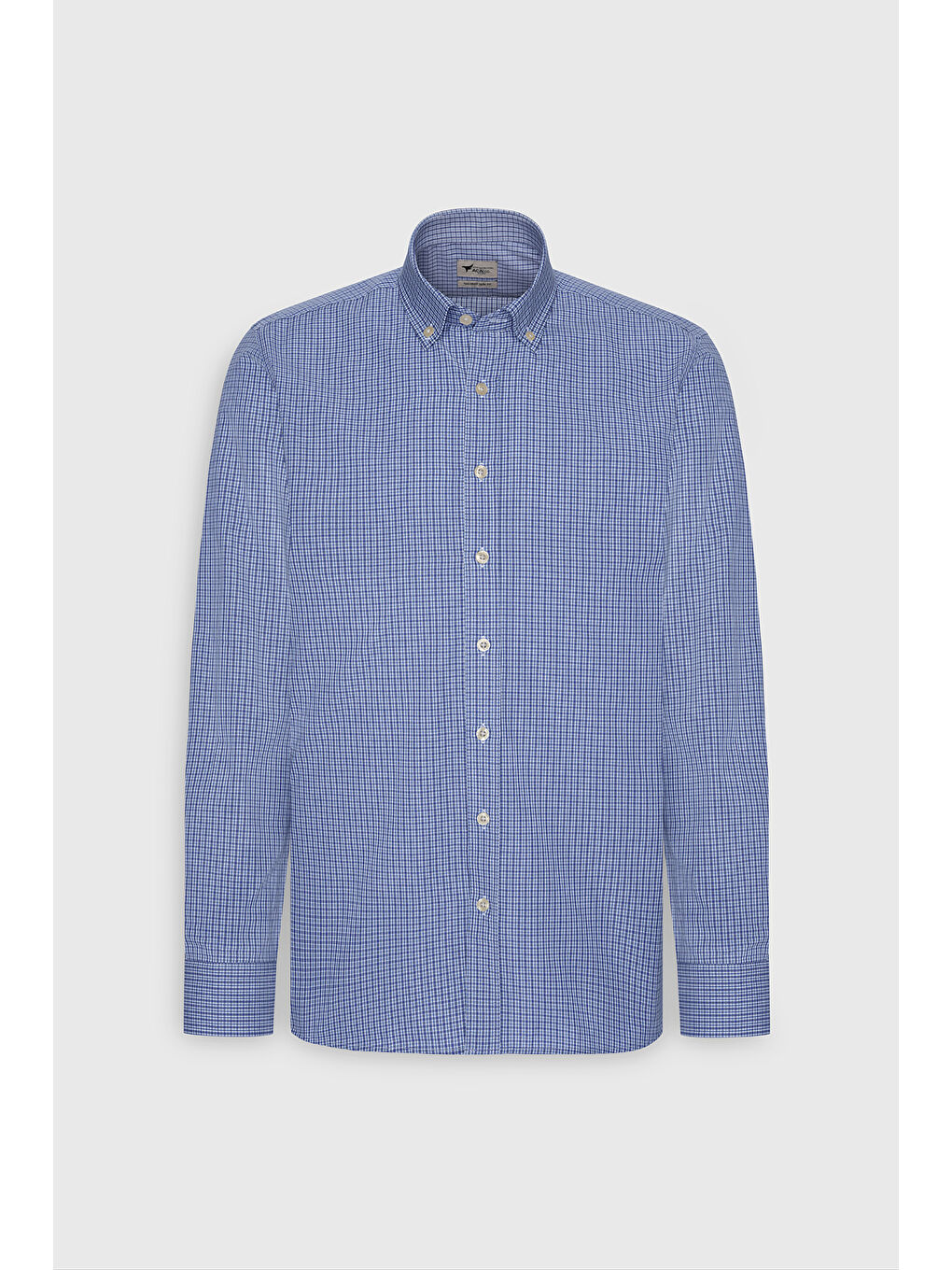 Erkek Mavi Slim Fit Dar Kesim Düğmeli Yaka Pamuklu Kareli Gömlek-5