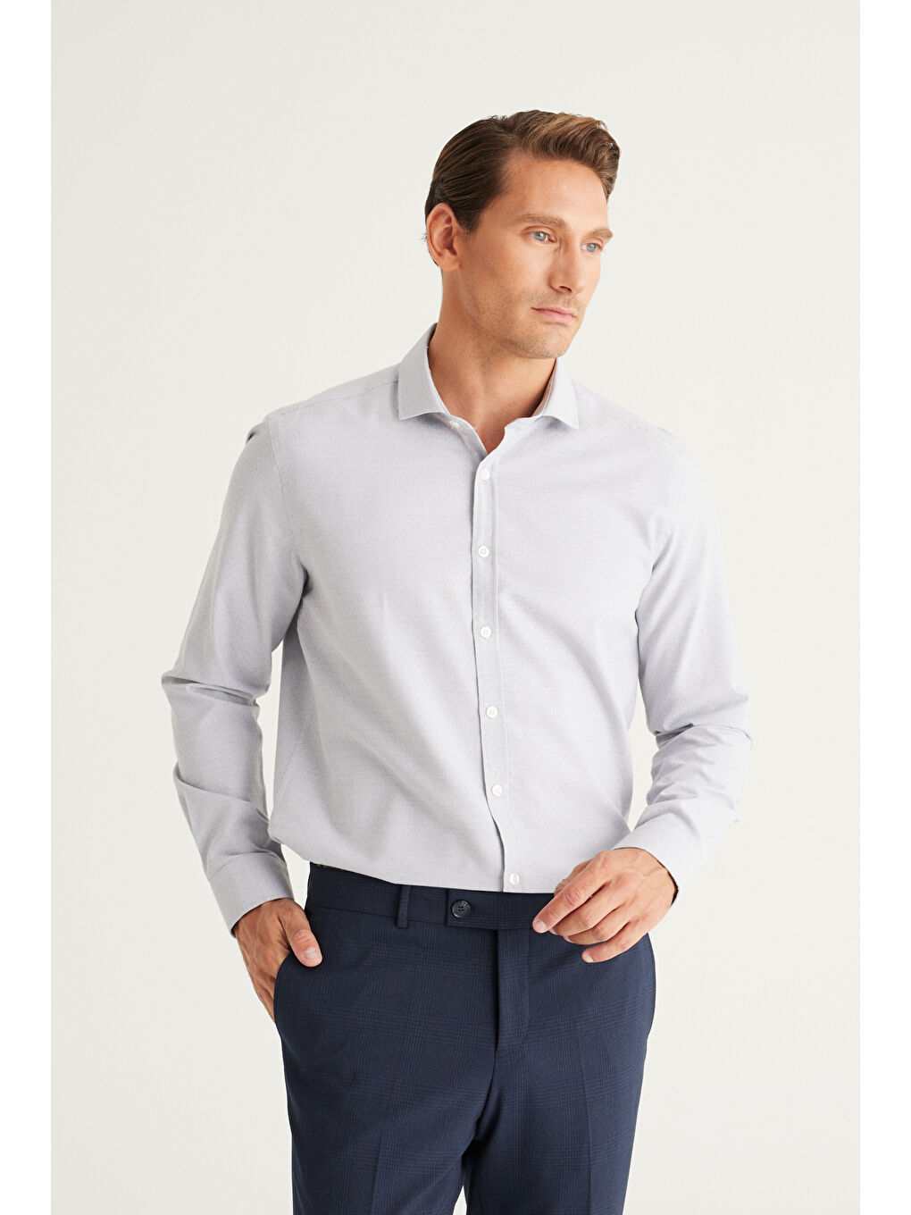 Erkek Gri Slim Fit Dar Kesim İtalyan Yaka Organik Pamuk Karışımlı Gömlek