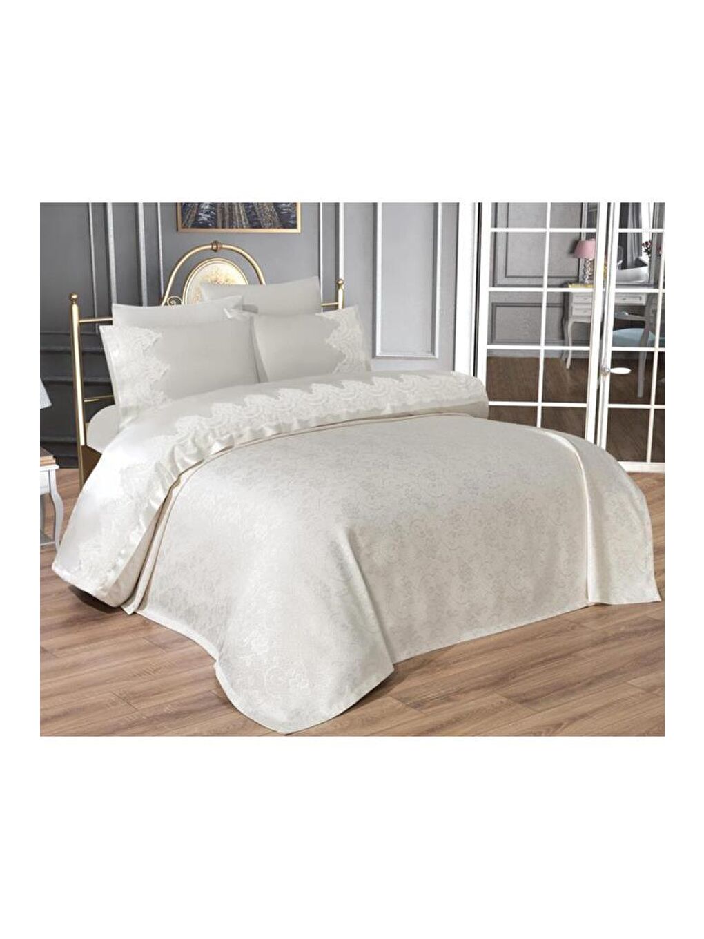 Ekru Çeyizdiyarı Fransız Güpürlü Betül Pike Takımı Krem-2