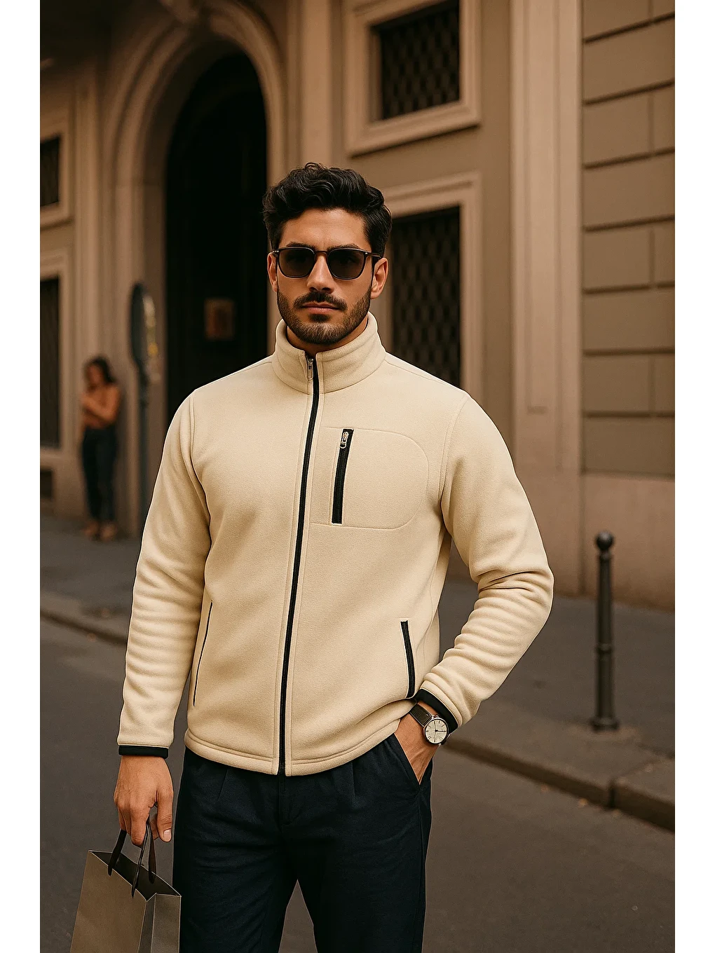 Ekru Erkek Kışlık Cepli Basic Fermuarlı Krem Polar Ceket-1