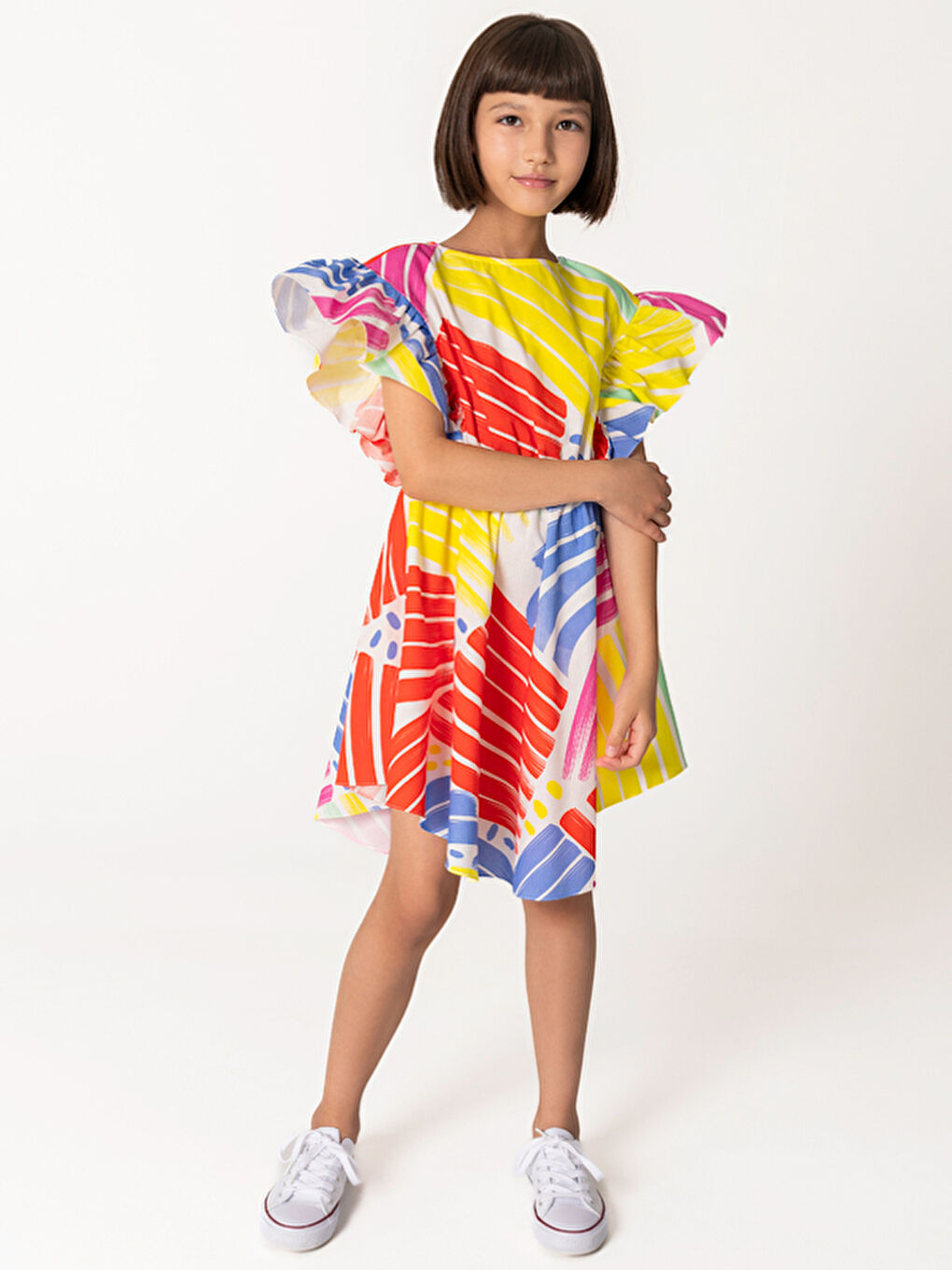 Karışık Geometrik Desenli Beli Lastikli Kız Çocuk Elbise