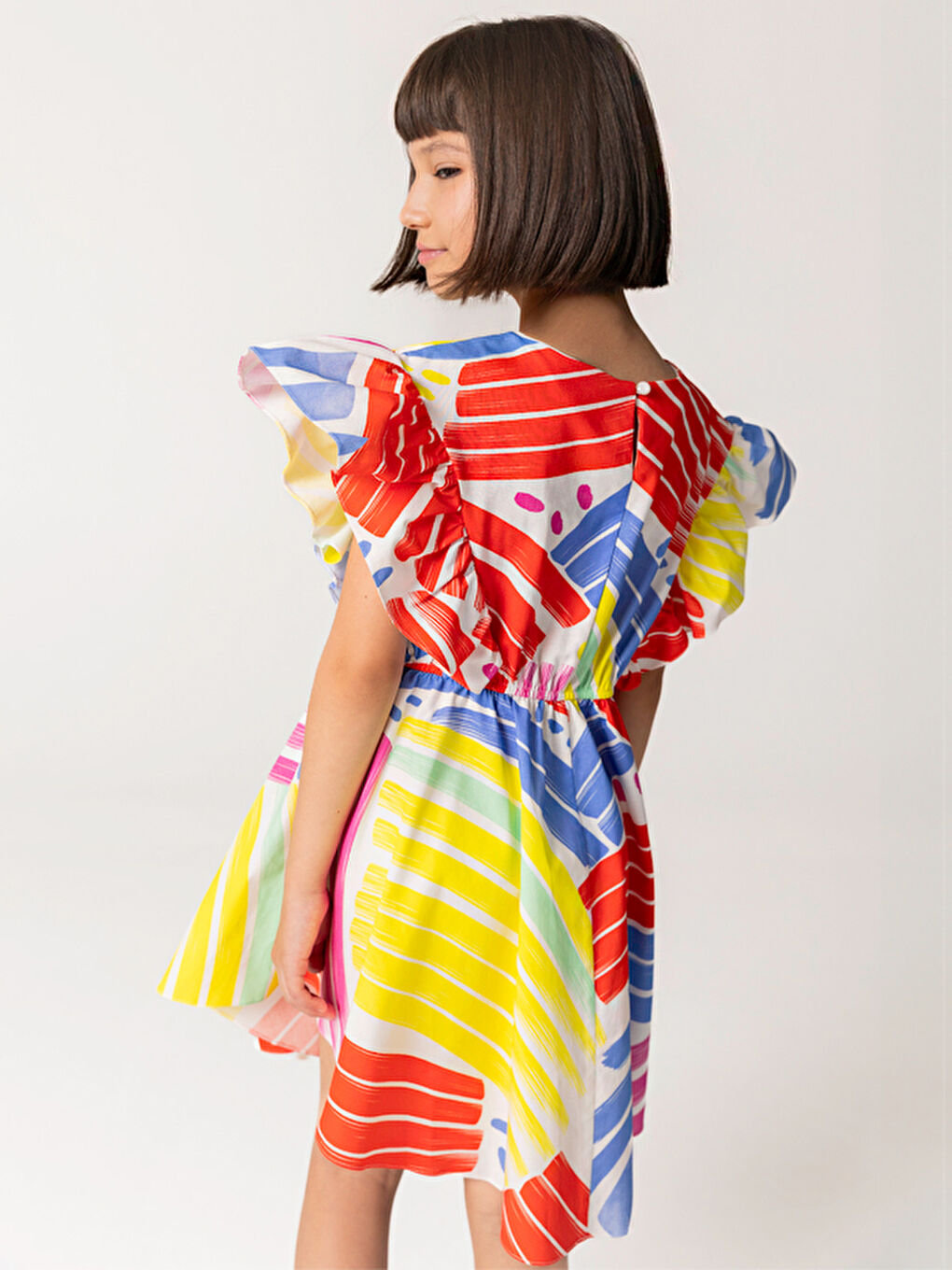 Karışık Geometrik Desenli Beli Lastikli Kız Çocuk Elbise-1