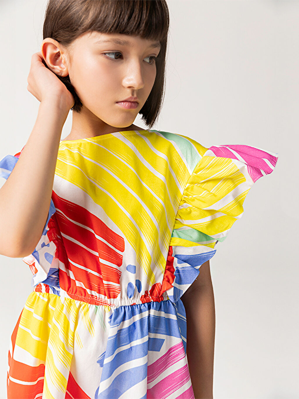 Karışık Geometrik Desenli Beli Lastikli Kız Çocuk Elbise-2