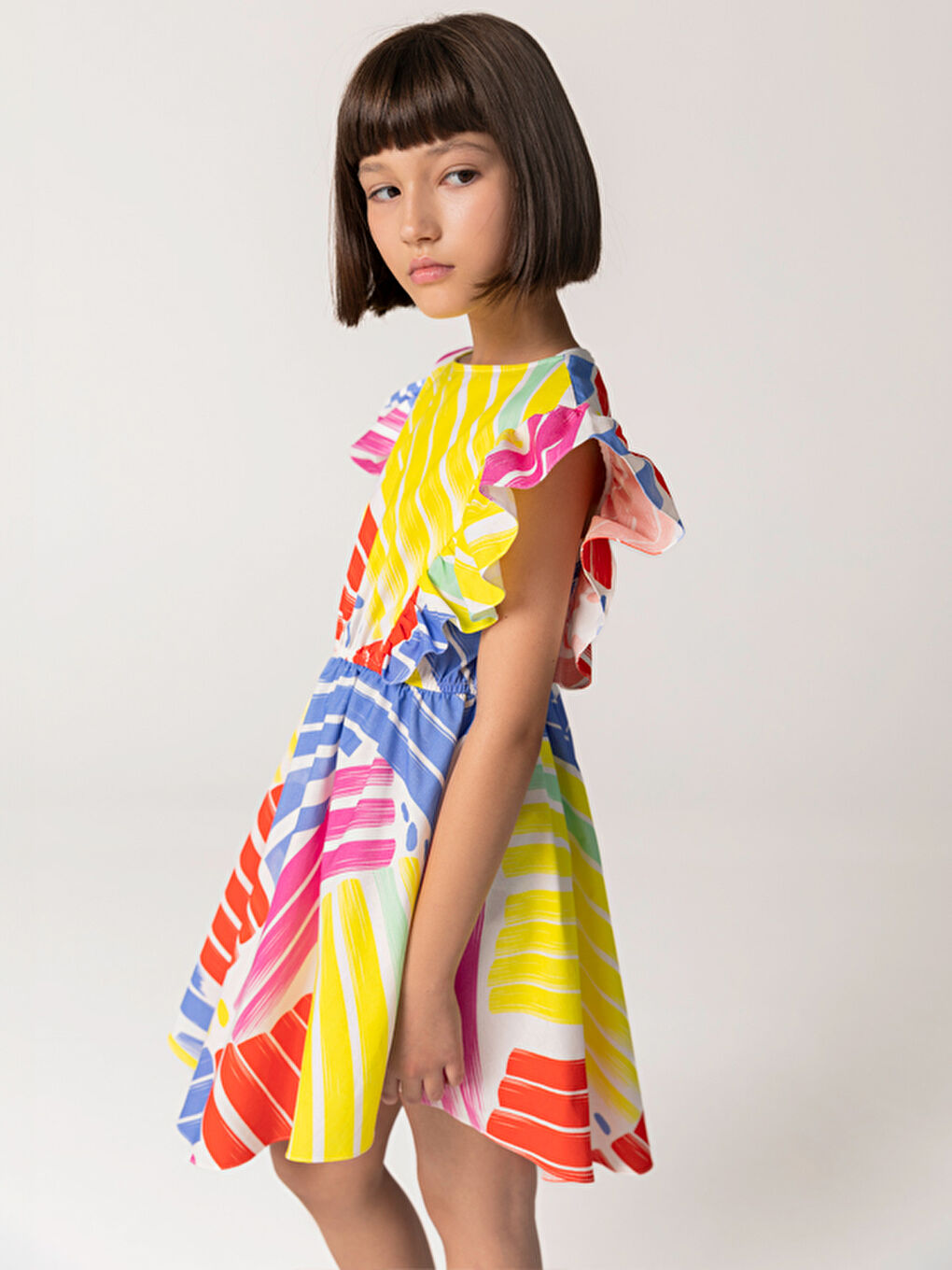 Karışık Geometrik Desenli Beli Lastikli Kız Çocuk Elbise-3