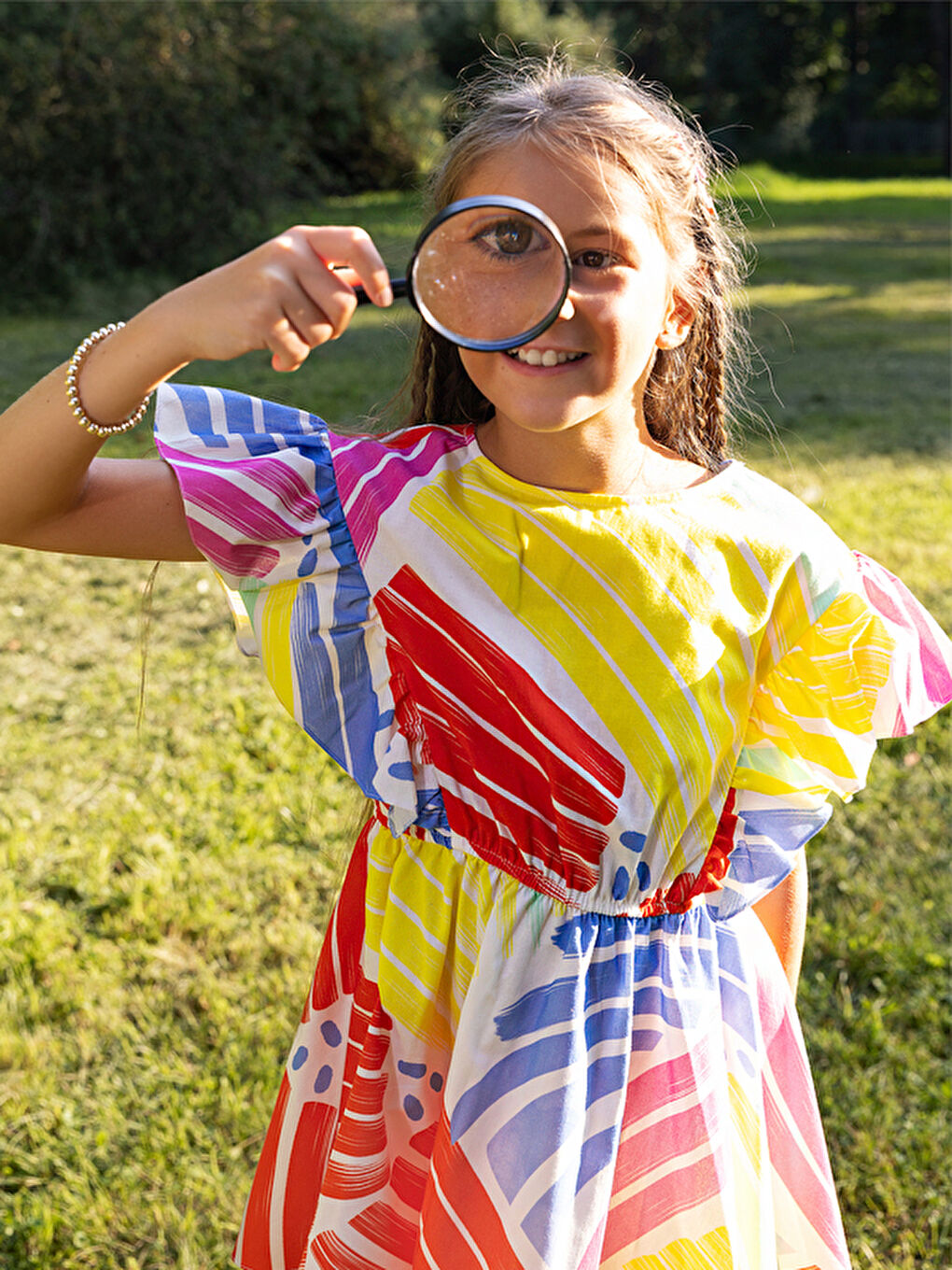 Karışık Geometrik Desenli Beli Lastikli Kız Çocuk Elbise-4