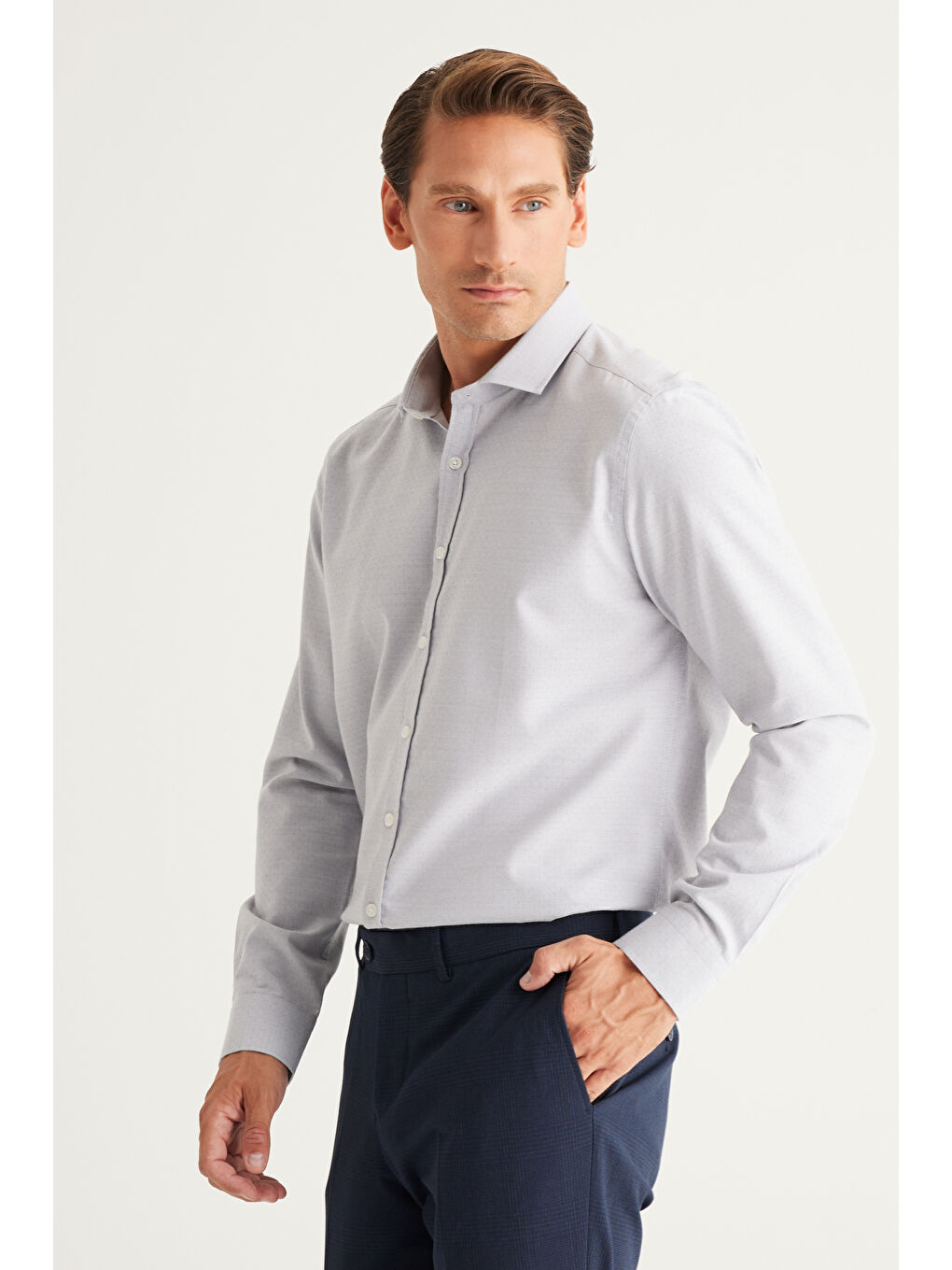 Erkek Gri Slim Fit Dar Kesim İtalyan Yaka Organik Pamuk Karışımlı Gömlek-1