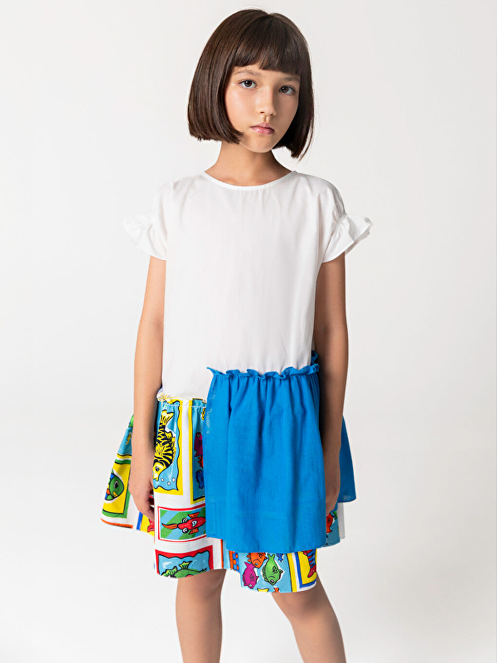 Mavi Yarım Kollu Pamuklu Balık Desenli Kız Çocuk Elbise