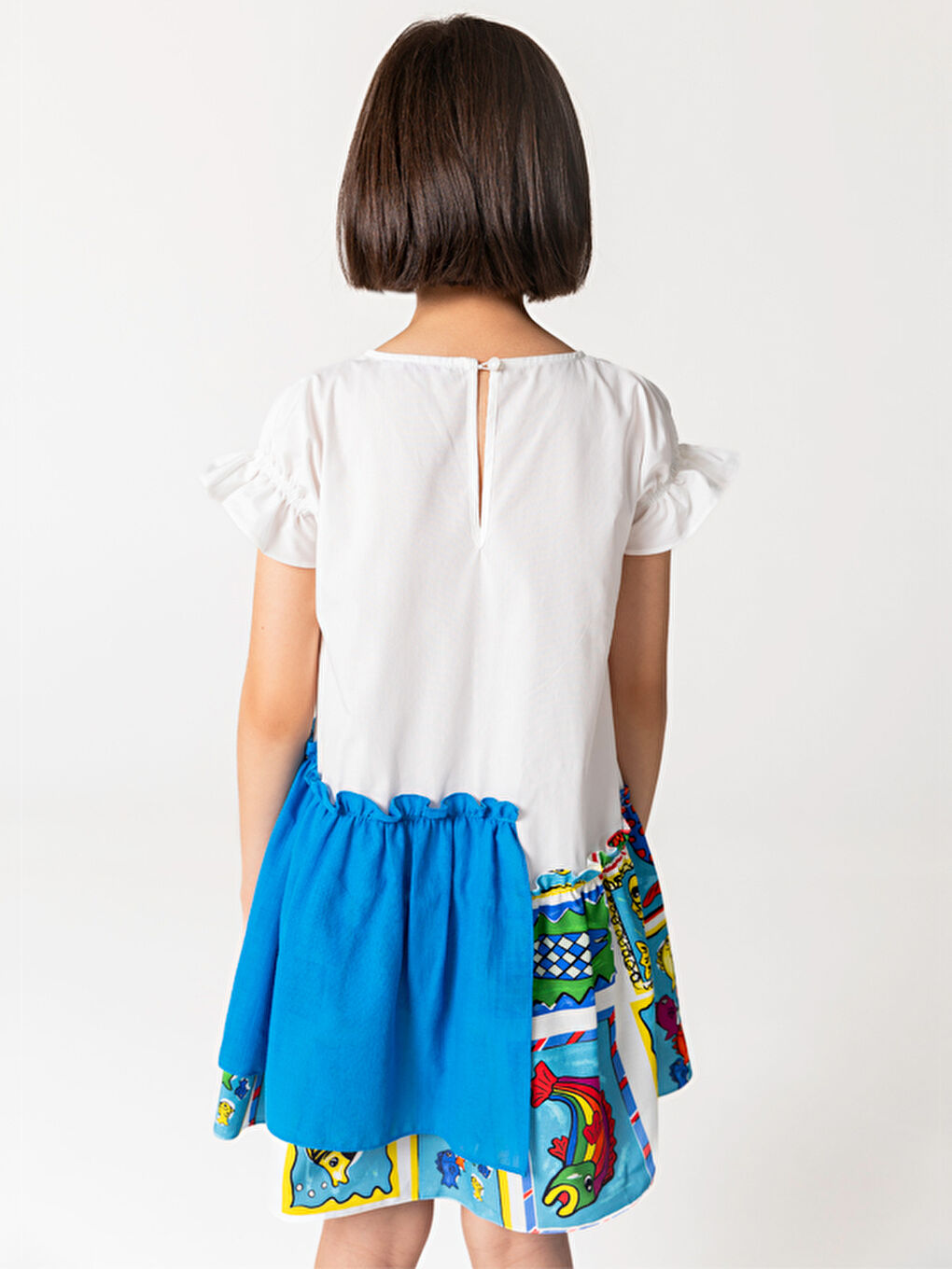 Mavi Yarım Kollu Pamuklu Balık Desenli Kız Çocuk Elbise-1